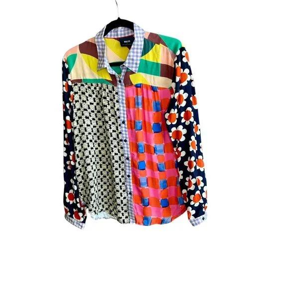 Maeve Anthropologie La Paz Contrast Patchwork Button Front Shirt Size Large NWT - Picture 2 of 11